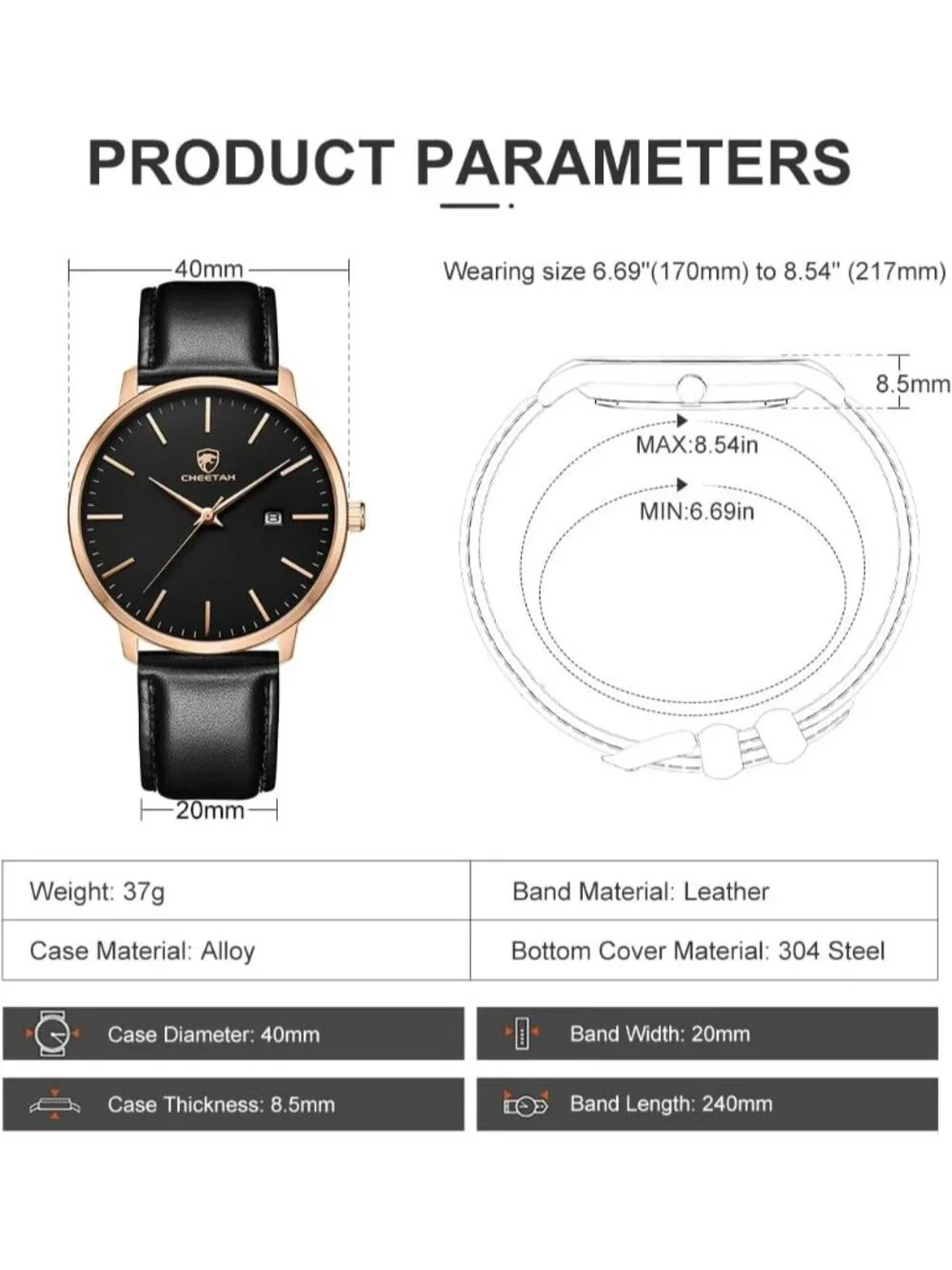 Men's  Rose/ Gold /Black Leather Strap Minimalist Waterproof Quartz Wrist Watch